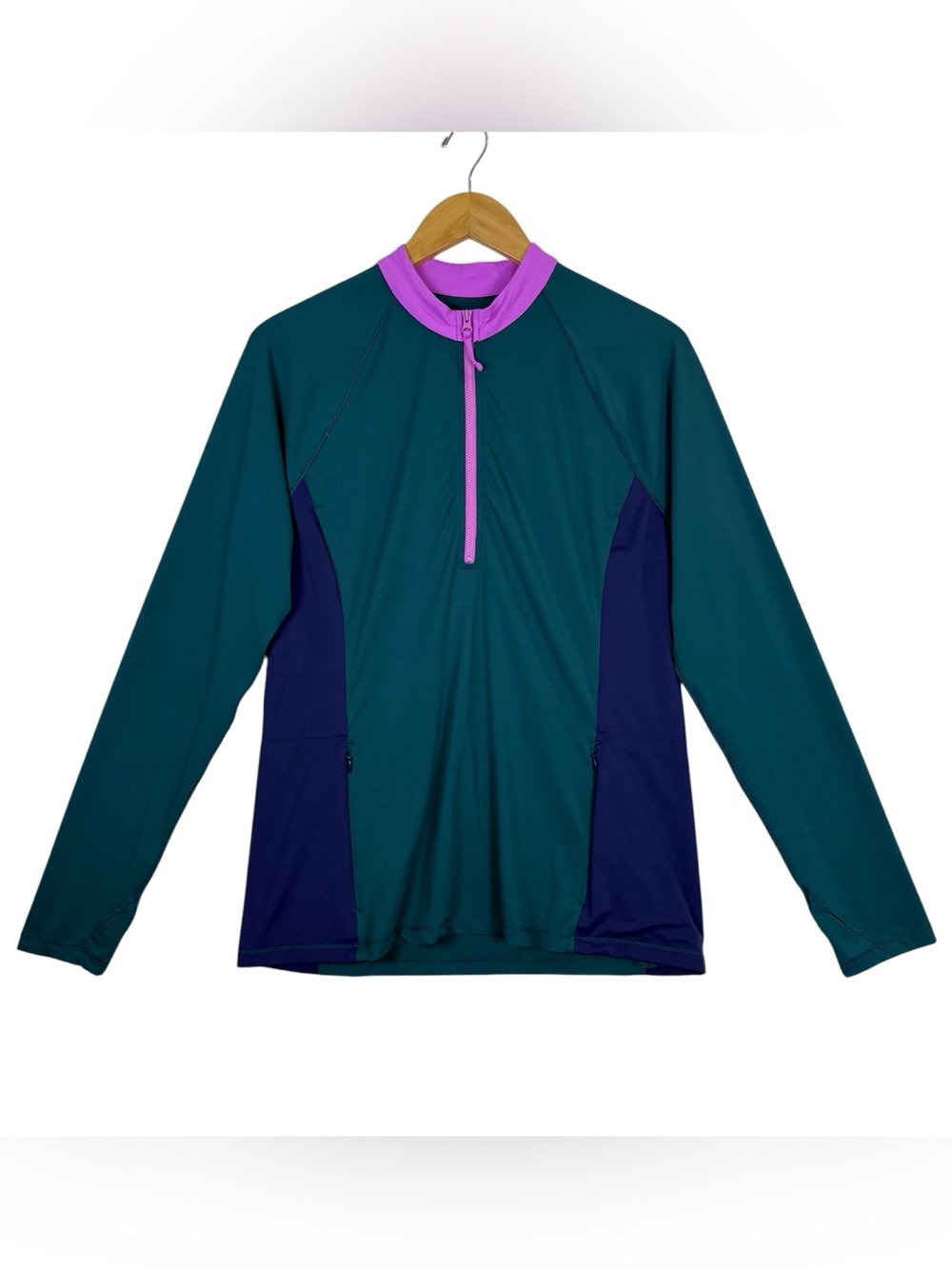 Title Nine Sunbuster Quarter Zip Sun Shirt Teal Color block Sz L UPF 50 Swim